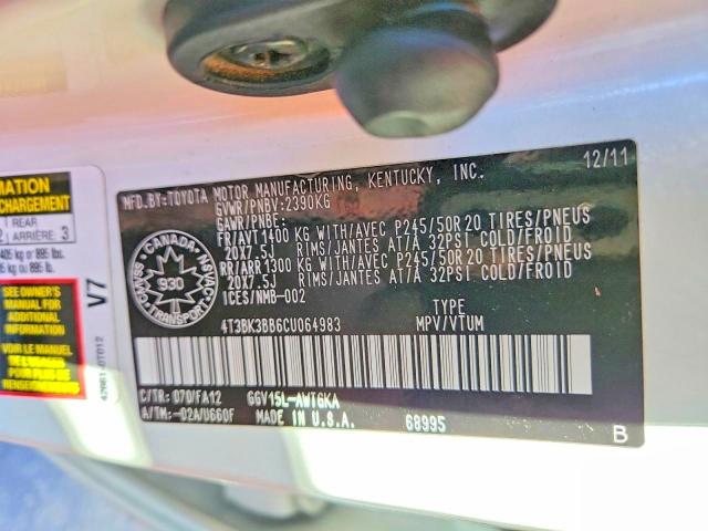 Aukcja sprzedaży 2012 Toyota Venza, vin: 4T3BK3BB6CU064983, numer aukcji: 45870296
