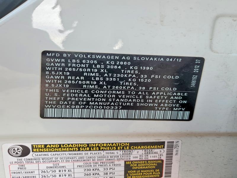 Aukcja sprzedaży 2012 Volkswagen Touareg, vin: WVGEK9BP7CD010337, numer aukcji: 48118316