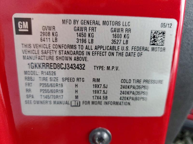 2012 Gmc Acadia მანქანა იყიდება აუქციონზე, vin: 1GKKRRED8CJ343432, აუქციონის ნომერი: 49001326