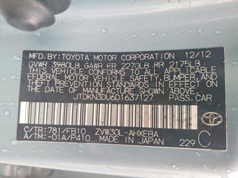 2013 Toyota Prius მანქანა იყიდება აუქციონზე, vin: JTDKN3DU6D1637127, აუქციონის ნომერი: 45475316
