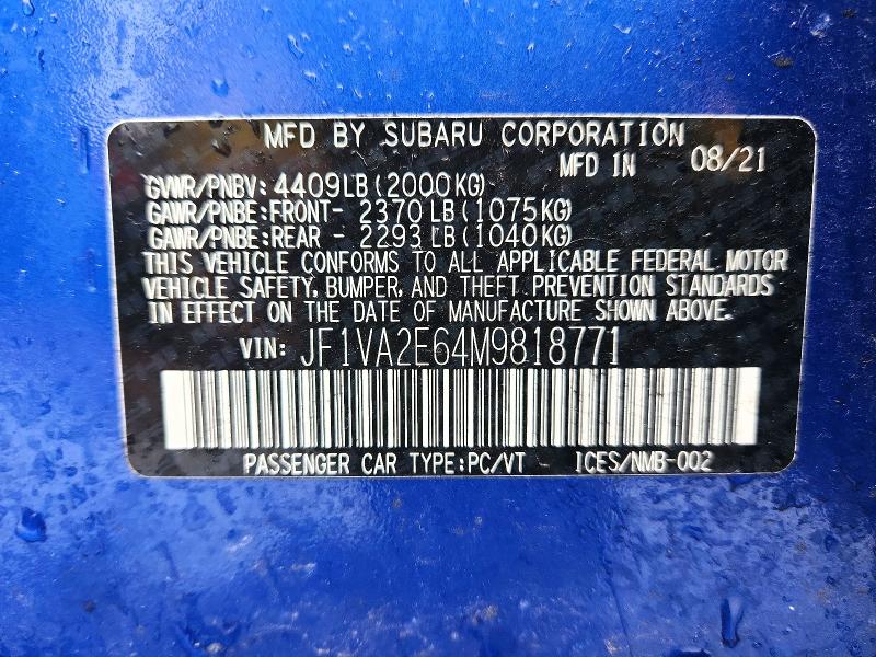 Продажа на аукционе авто 2021 Subaru Wrx, vin: JF1VA2E64M9818771, номер лота: 79825965