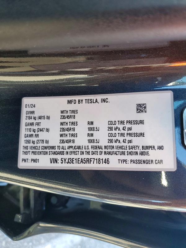 2024 Tesla Model 3 მანქანა იყიდება აუქციონზე, vin: 5YJ3E1EA5RF718146, აუქციონის ნომერი: 41950836