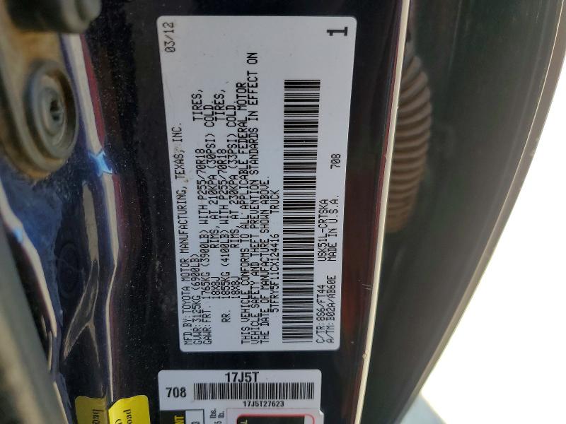 79691785 :رقم المزاد ، 5TFRY5F11CX124416 vin ، 2012 Toyota Tundra مزاد بيع