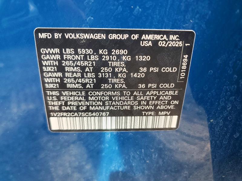 Auction sale of the 2025 Volkswagen Atlas, vin: 1V2FR2CA7SC540767, lot number: 47930796