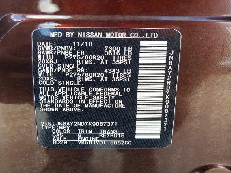 2019 Nissan Armada მანქანა იყიდება აუქციონზე, vin: JN8AY2ND7K9087371, აუქციონის ნომერი: 41997136