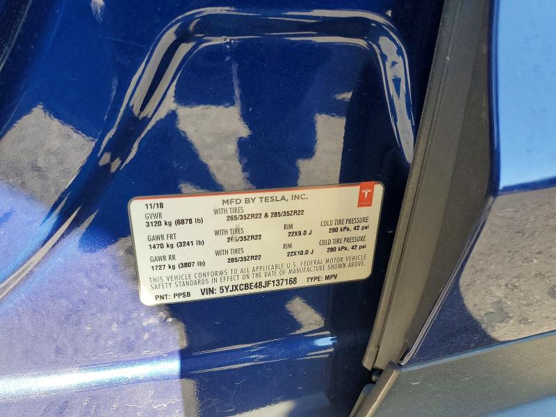 2018 Tesla Model X მანქანა იყიდება აუქციონზე, vin: 5YJXCBE48JF137168, აუქციონის ნომერი: 45493616