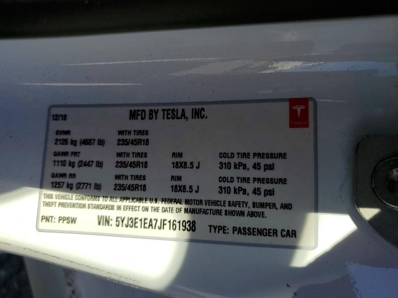 Aukcja sprzedaży 2018 Tesla Model 3, vin: 5YJ3E1EA7JF161938, numer aukcji: 46333446