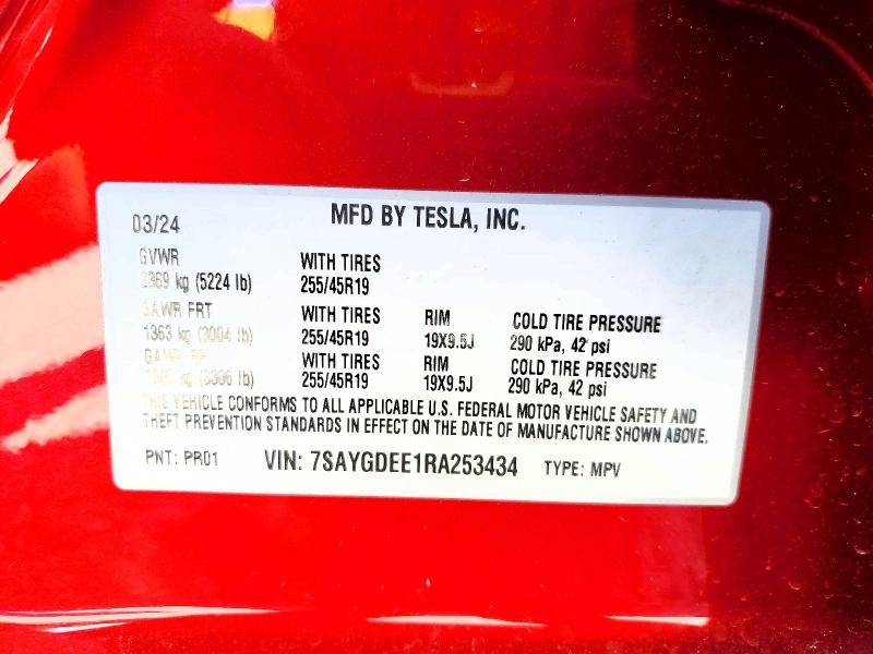 Продажа на аукционе авто 2024 Tesla Model Y, vin: 7SAYGDEE1RA253434, номер лота: 45646006