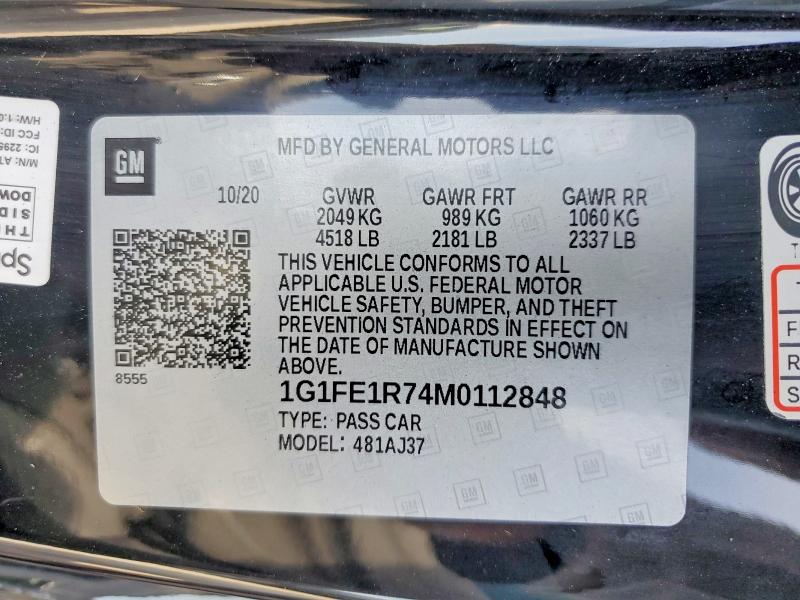 2021 Chevrolet Camaro მანქანა იყიდება აუქციონზე, vin: 1G1FE1R74M0112848, აუქციონის ნომერი: 79971855