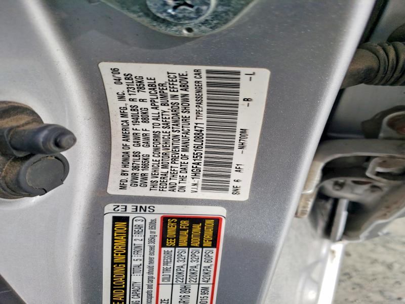Aukcja sprzedaży 2006 Honda Civic, vin: 1HGFA15516L088471, numer aukcji: 41884666