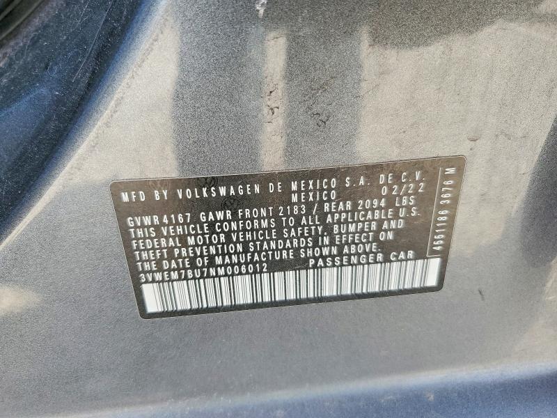 2022 Volkswagen Jetta მანქანა იყიდება აუქციონზე, vin: 3VWEM7BU7NM006012, აუქციონის ნომერი: 47293776