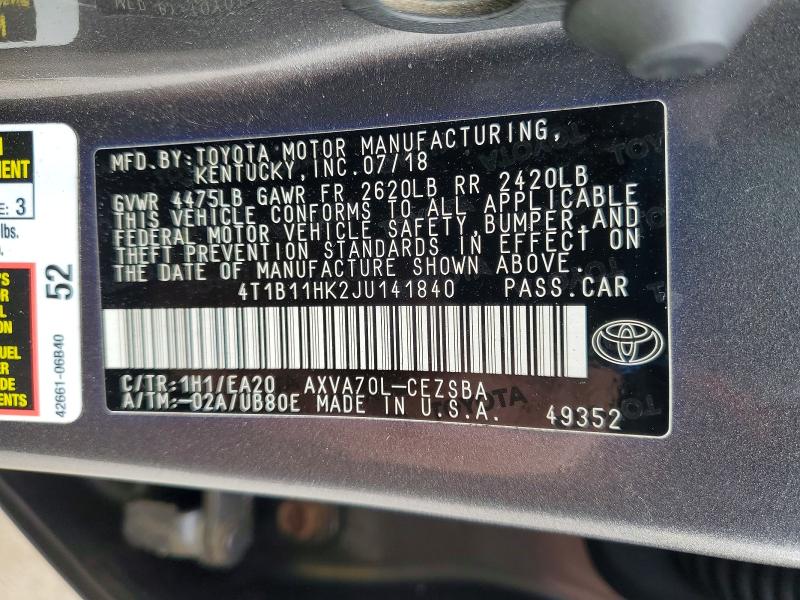 46358276 :رقم المزاد ، 4T1B11HK2JU141840 vin ، 2018 Toyota Camry مزاد بيع