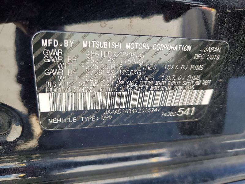 Продаж на аукціоні авто 2019 Mitsubishi Outlander, vin: JA4AD3A34KZ035247, номер лоту: 47193346