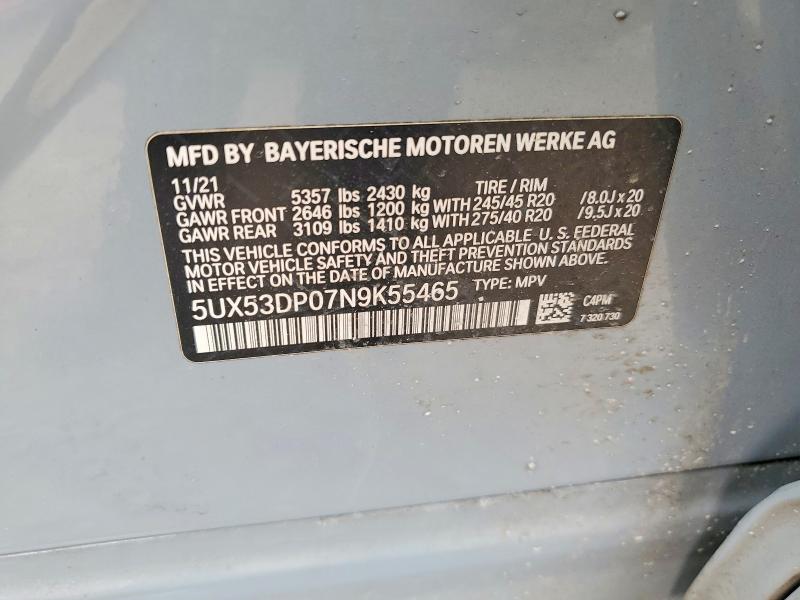 47060186 :رقم المزاد ، 5UX53DP07N9K55465 vin ، 2022 Bmw X3 مزاد بيع