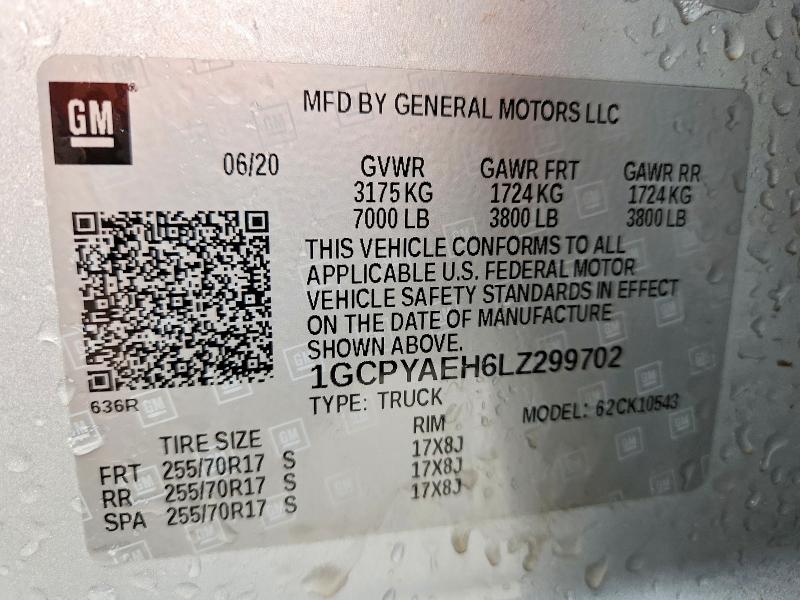 Продаж на аукціоні авто 2020 Chevrolet Silverado, vin: 1GCPYAEH6LZ299702, номер лоту: 46042156