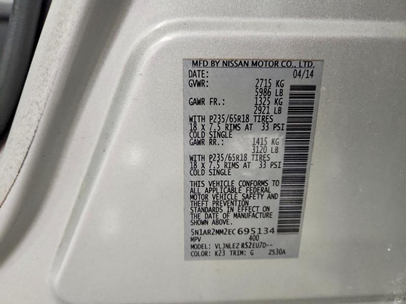 2014 Nissan Pathfinder მანქანა იყიდება აუქციონზე, vin: 5N1AR2MM2EC695134, აუქციონის ნომერი: 46448096
