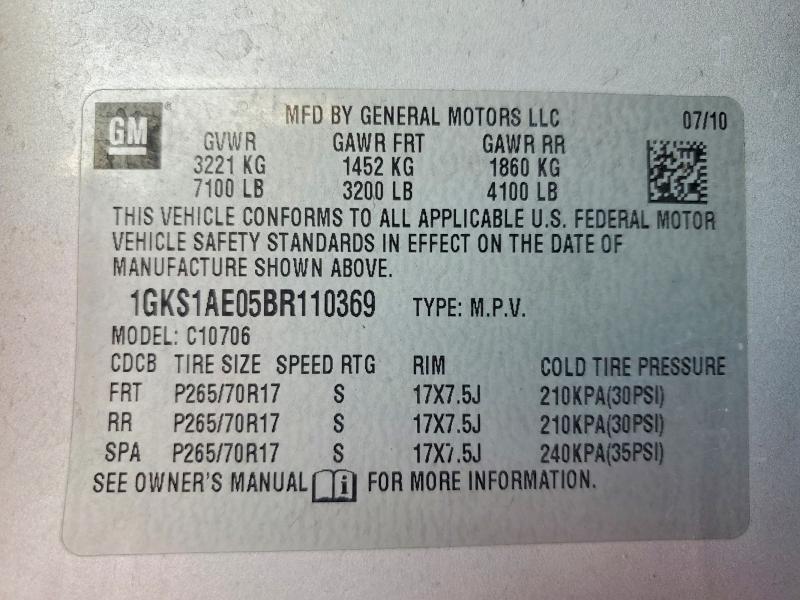 46767006 :رقم المزاد ، 1GKS1AE05BR110369 vin ، 2011 Gmc Yukon مزاد بيع