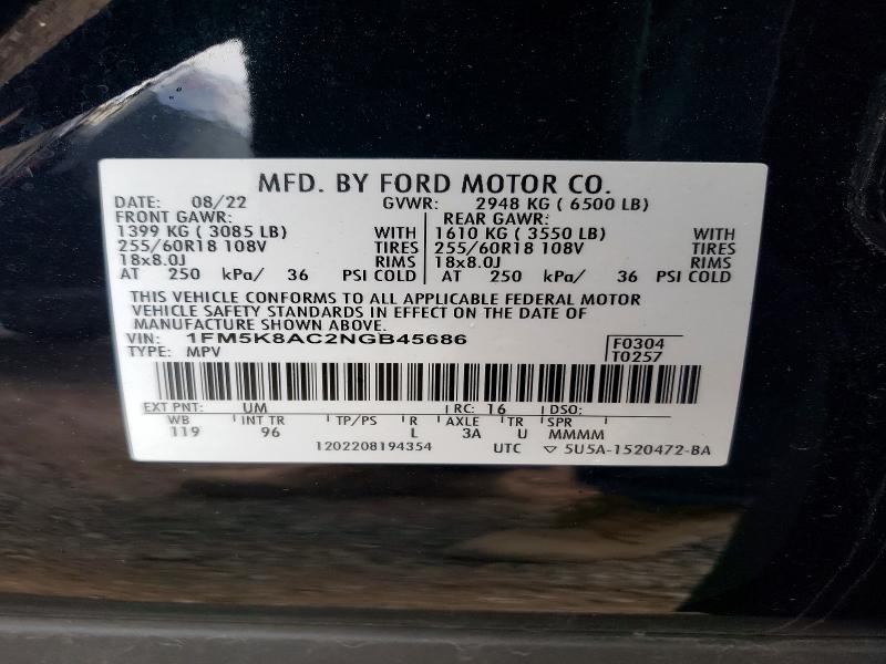 Aukcja sprzedaży 2022 Ford Explorer, vin: 1FM5K8AC2NGB45686, numer aukcji: 45457956