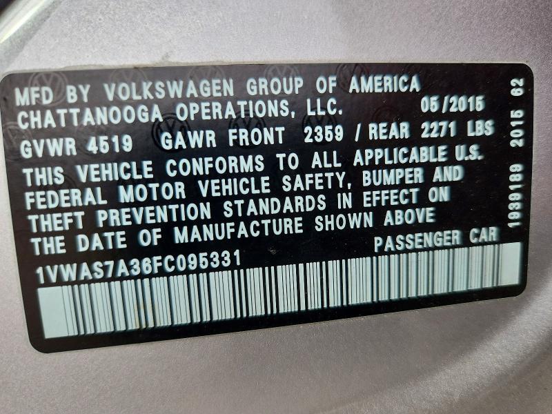 48144776 :رقم المزاد ، 1VWAS7A36FC095331 vin ، 2015 Volkswagen Passat مزاد بيع