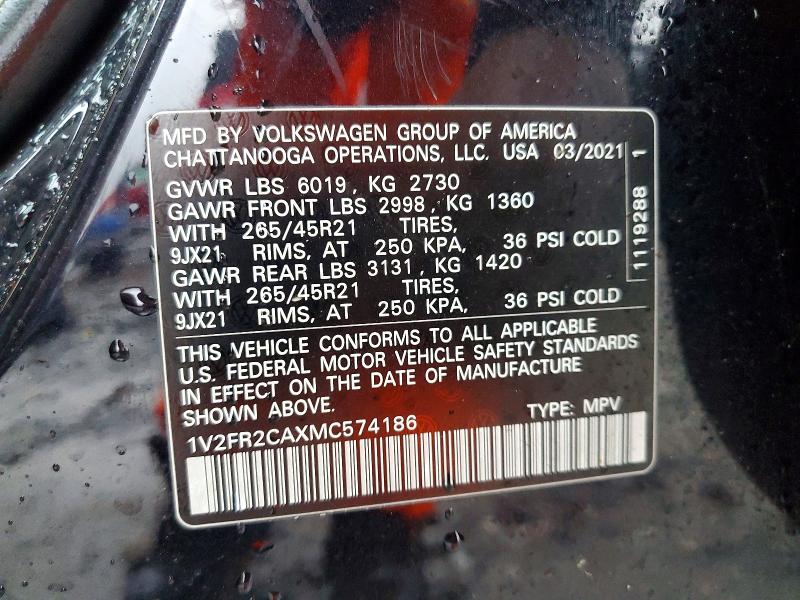 Продаж на аукціоні авто 2021 Volkswagen Atlas, vin: 1V2FR2CAXMC574186, номер лоту: 45548836