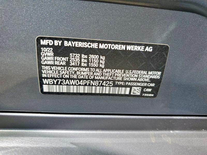 Продаж на аукціоні авто 2023 Bmw I4, vin: WBY73AW04PFN87425, номер лоту: 47138716