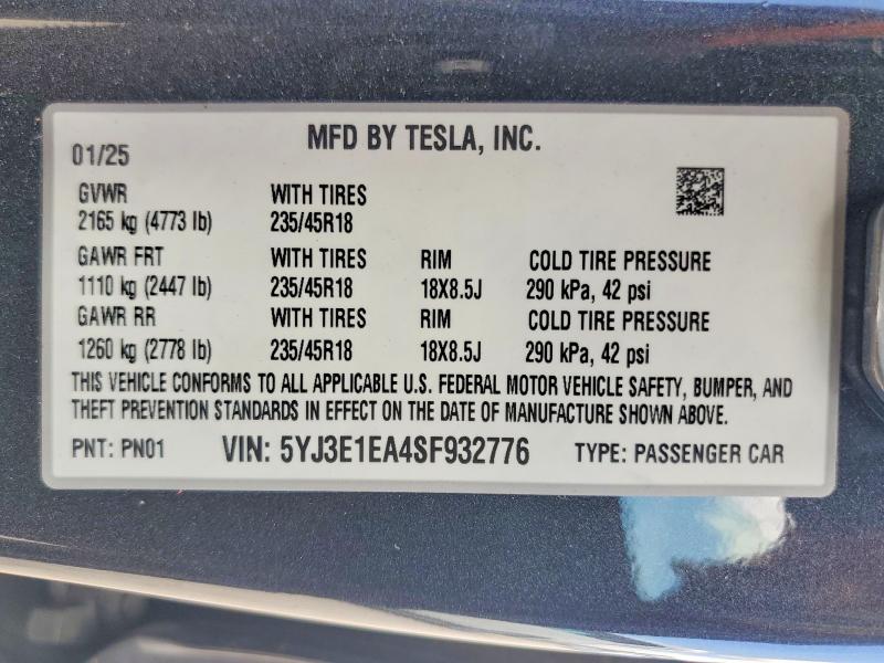 2025 Tesla Model 3 მანქანა იყიდება აუქციონზე, vin: 5YJ3E1EA4SF932776, აუქციონის ნომერი: 47013096