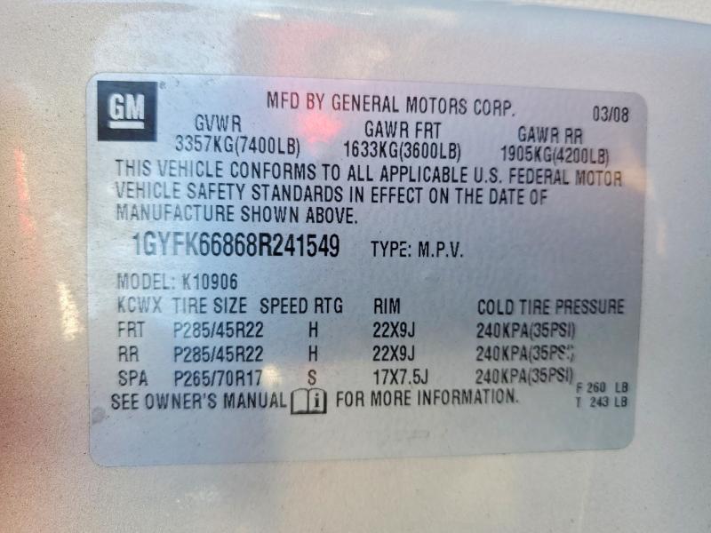 2008 Cadillac Escalade მანქანა იყიდება აუქციონზე, vin: 1GYFK66868R241549, აუქციონის ნომერი: 79727545