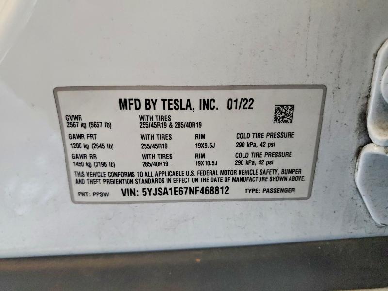 Aukcja sprzedaży 2022 Tesla Model S, vin: 5YJSA1E67NF468812, numer aukcji: 47048196