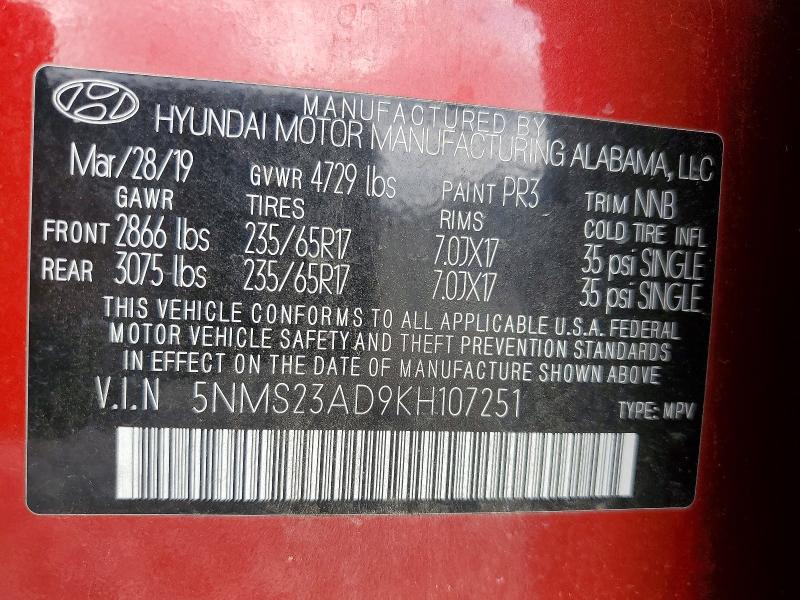79816525 :رقم المزاد ، 5NMS23AD9KH107251 vin ، 2019 Hyundai Santa Fe مزاد بيع