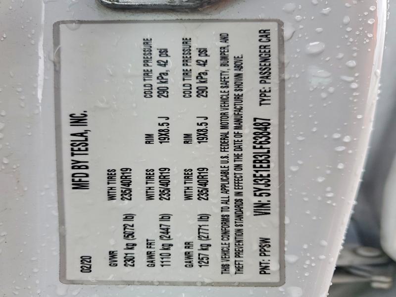41637676 :رقم المزاد ، 5YJ3E1EB3LF638487 vin ، 2020 Tesla Model 3 مزاد بيع