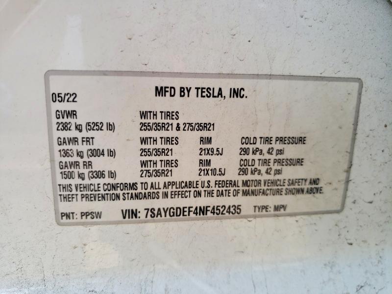 47740056 :رقم المزاد ، 7SAYGDEF4NF452435 vin ، 2022 Tesla Model Y مزاد بيع