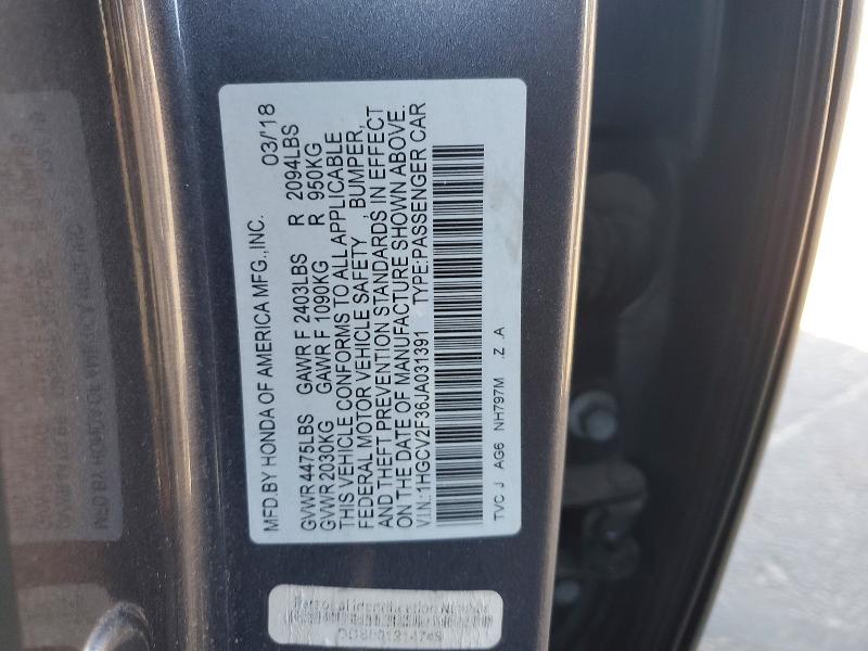 47702996 :رقم المزاد ، 1HGCV2F36JA031391 vin ، 2018 Honda Accord مزاد بيع