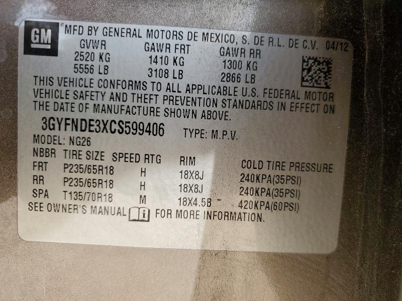 45567196 :رقم المزاد ، 3GYFNDE3XCS599406 vin ، 2012 Cadillac Srx مزاد بيع
