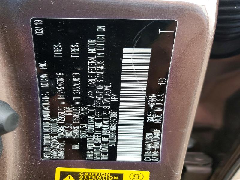 Aukcja sprzedaży 2019 Toyota Highlander, vin: 5TDJZRFH6KS973881, numer aukcji: 41988136