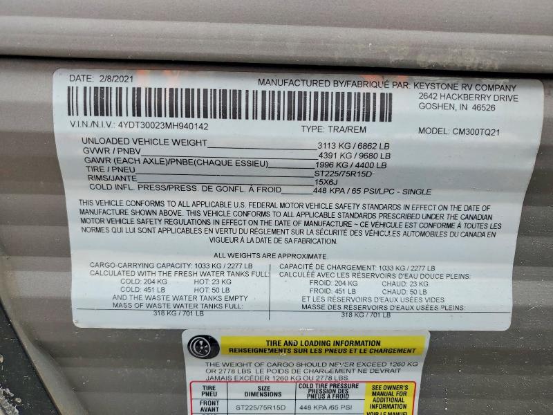 46278356 :رقم المزاد ، 4YDT30023MH940142 vin ، 2021 Keystone Rv Coleman مزاد بيع