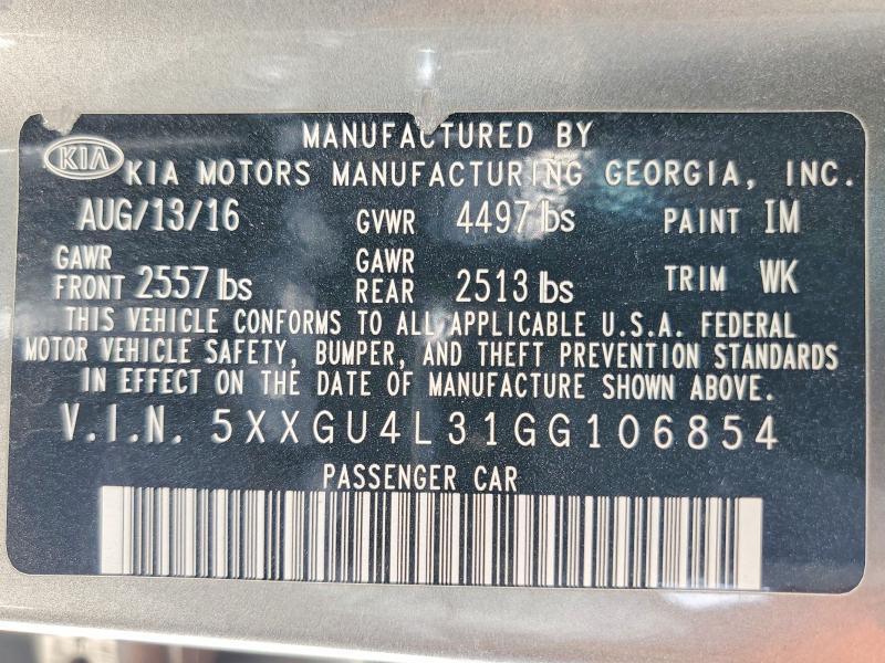 Aukcja sprzedaży 2016 Kia Optima, vin: 5XXGU4L31GG106854, numer aukcji: 47524246