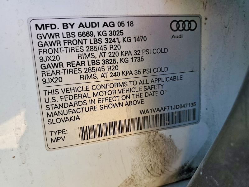 Aukcja sprzedaży 2018 Audi Q7, vin: WA1VAAF71JD047135, numer aukcji: 46561746