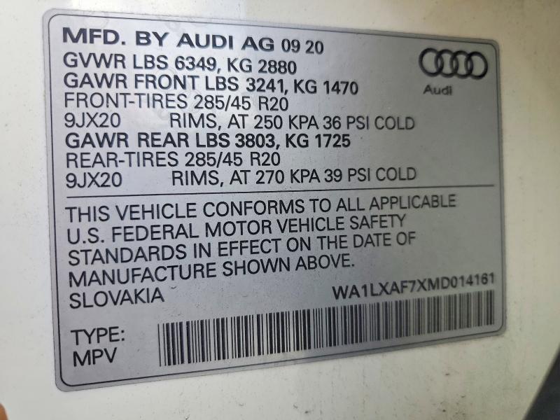 47860256 :رقم المزاد ، WA1LXAF7XMD014161 vin ، 2021 Audi Q7 مزاد بيع