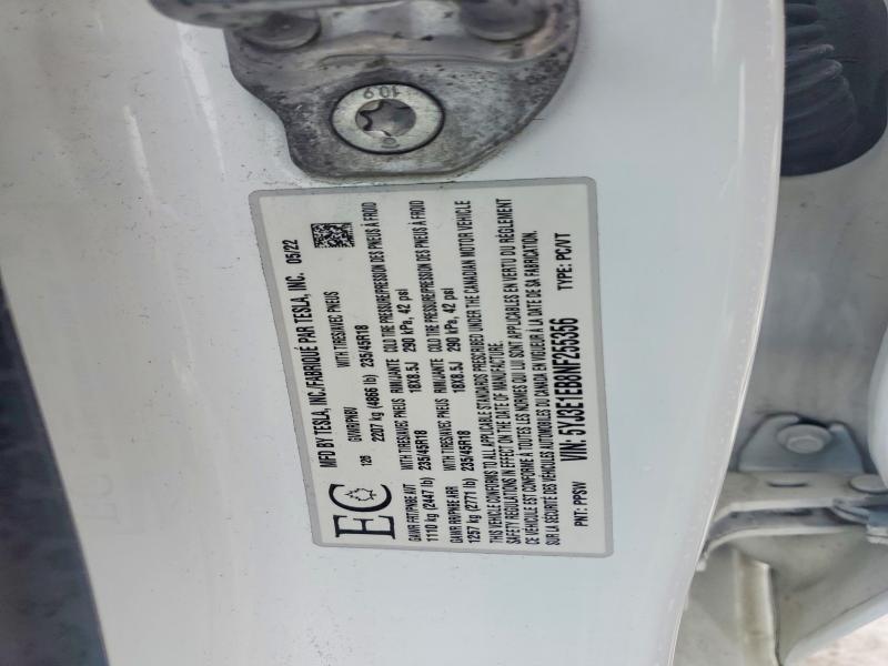 2022 Tesla Model 3 მანქანა იყიდება აუქციონზე, vin: 5YJ3E1EB8NF255356, აუქციონის ნომერი: 46530166