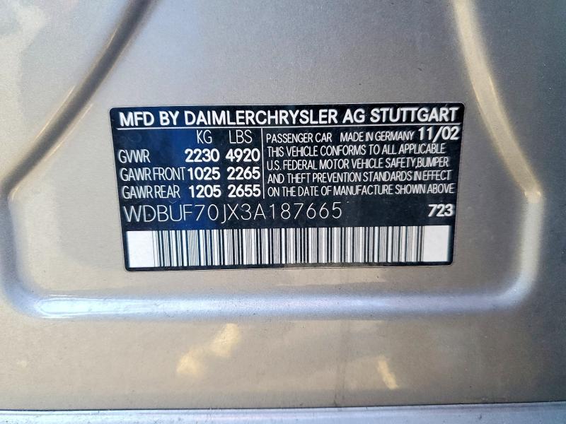 Продаж на аукціоні авто 2003 Mercedes Benz Sl-class, vin: WDBUF70JX3A187665, номер лоту: 78209535