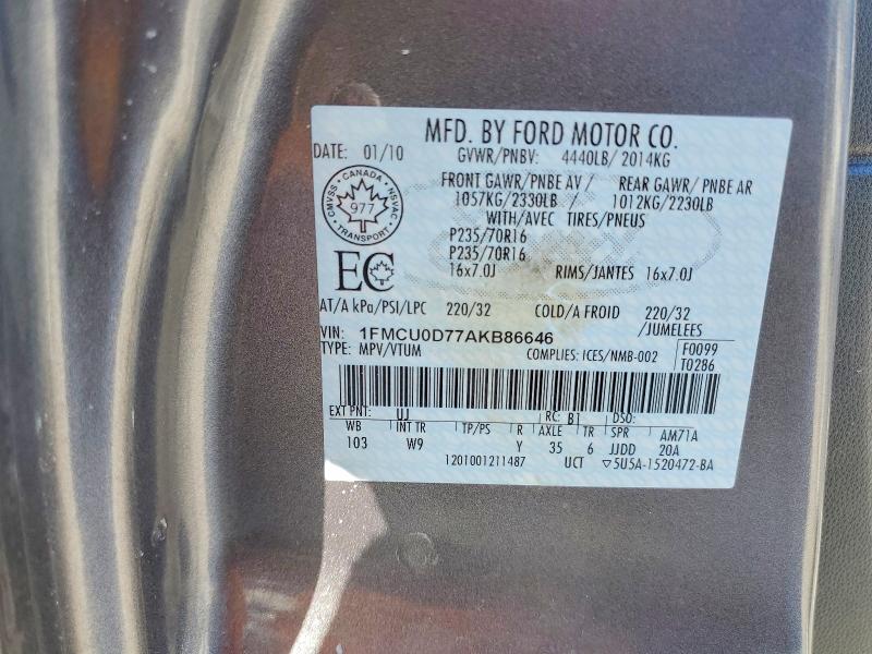 79468475 :رقم المزاد ، 1FMCU0D77AKB86646 vin ، 2010 Ford Escape مزاد بيع