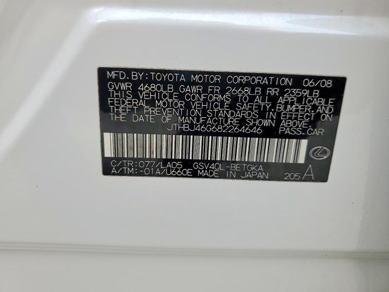 Aukcja sprzedaży 2008 Lexus Es 350, vin: JTHBJ46G682264646, numer aukcji: 45949986