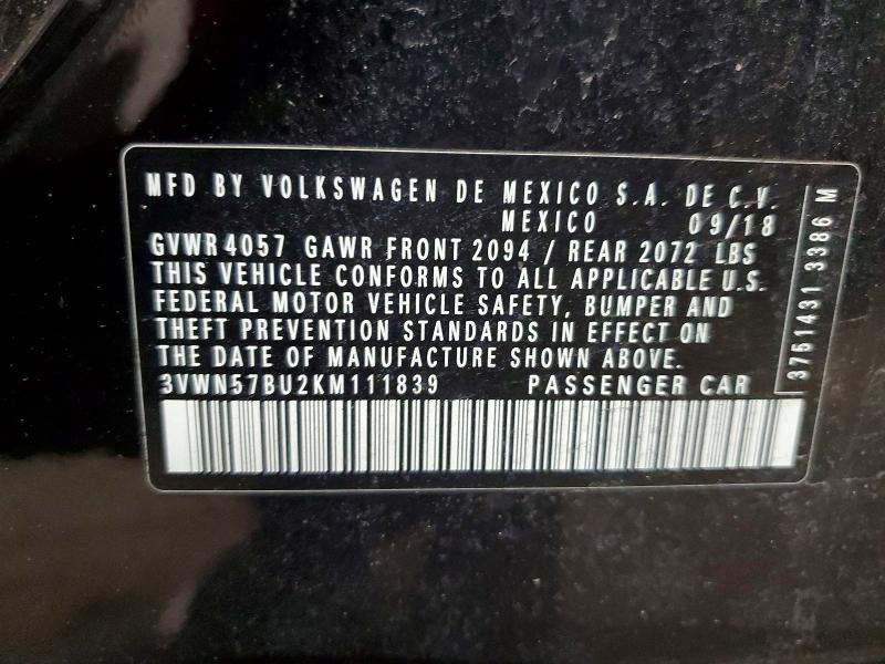 47244696 :رقم المزاد ، 3VWN57BU2KM111839 vin ، 2019 Volkswagen Jetta مزاد بيع