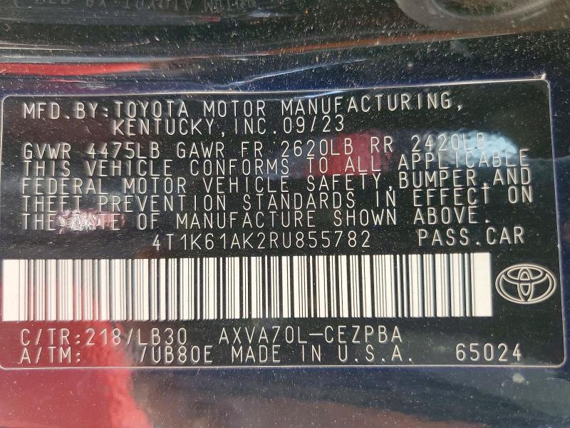 2024 Toyota Camry მანქანა იყიდება აუქციონზე, vin: 4T1K61AK2RU855782, აუქციონის ნომერი: 47820536
