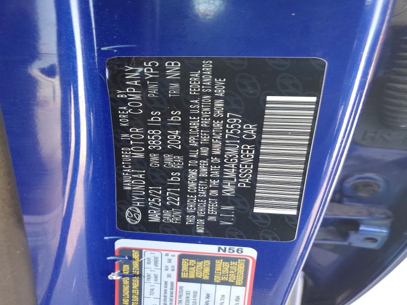 Продажа на аукционе авто 2021 Hyundai Elantra, vin: KMHLM4AG3MU175597, номер лота: 47628096
