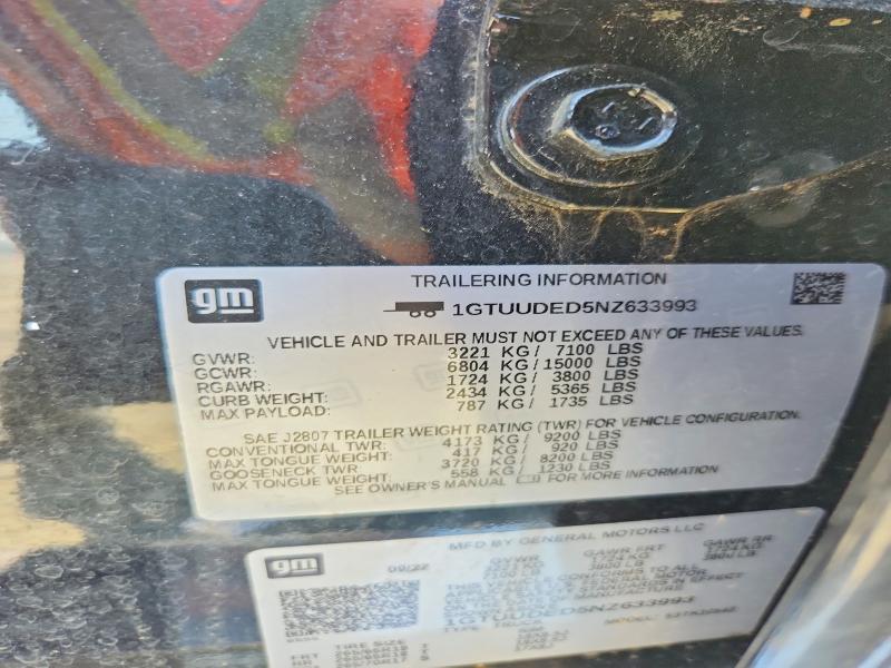 47959816 :رقم المزاد ، 1GTUUDED5NZ633993 vin ، 2022 Gmc Sierra مزاد بيع