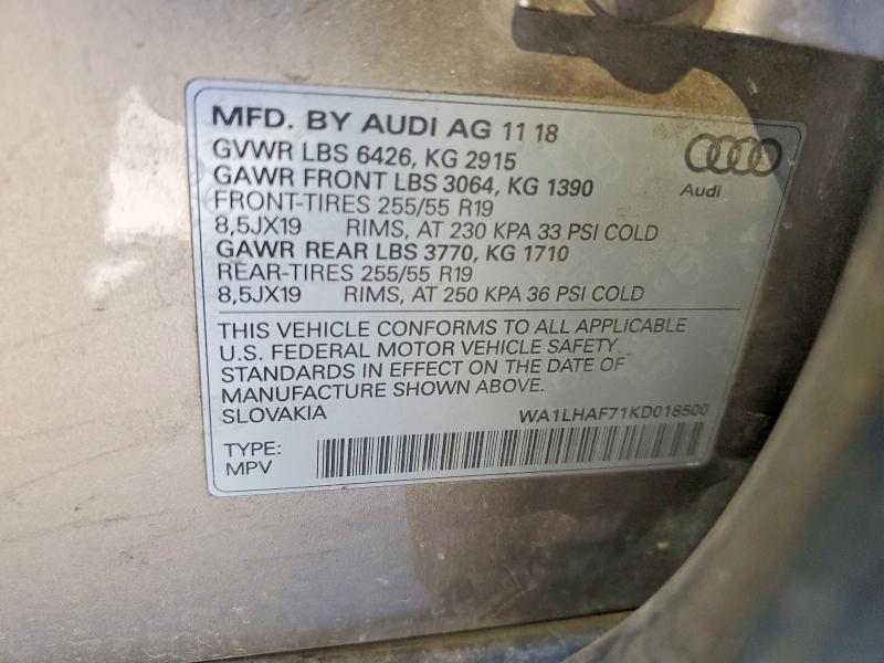 2019 Audi Q7 მანქანა იყიდება აუქციონზე, vin: WA1LHAF71KD018500, აუქციონის ნომერი: 47015086