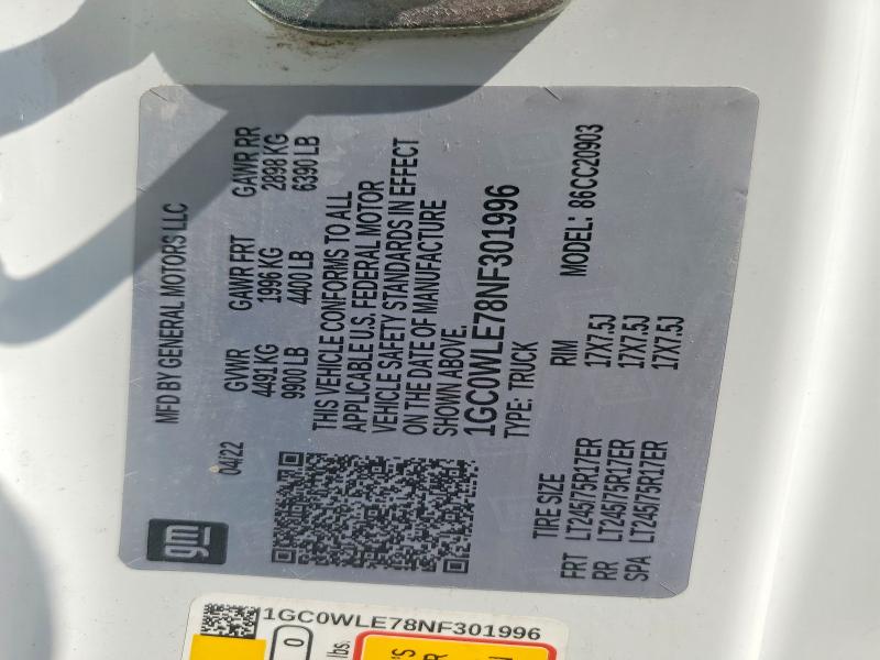 47884876 :رقم المزاد ، 1GC0WLE78NF301996 vin ، 2022 Chevrolet Silverado مزاد بيع