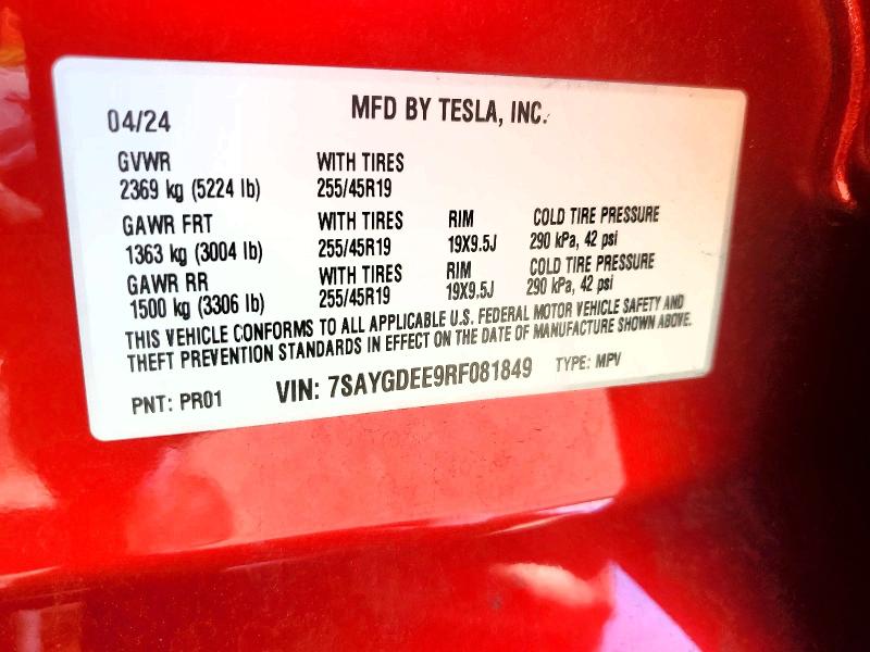 79098425 :رقم المزاد ، 7SAYGDEE9RF081849 vin ، 2024 Tesla Model Y مزاد بيع