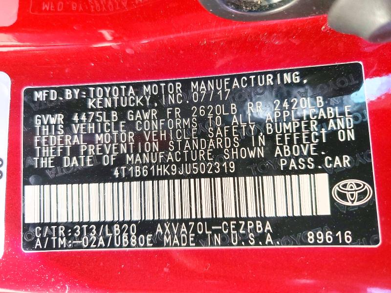 78777025 :رقم المزاد ، 4T1B61HK9JU502319 vin ، 2018 Toyota Camry مزاد بيع